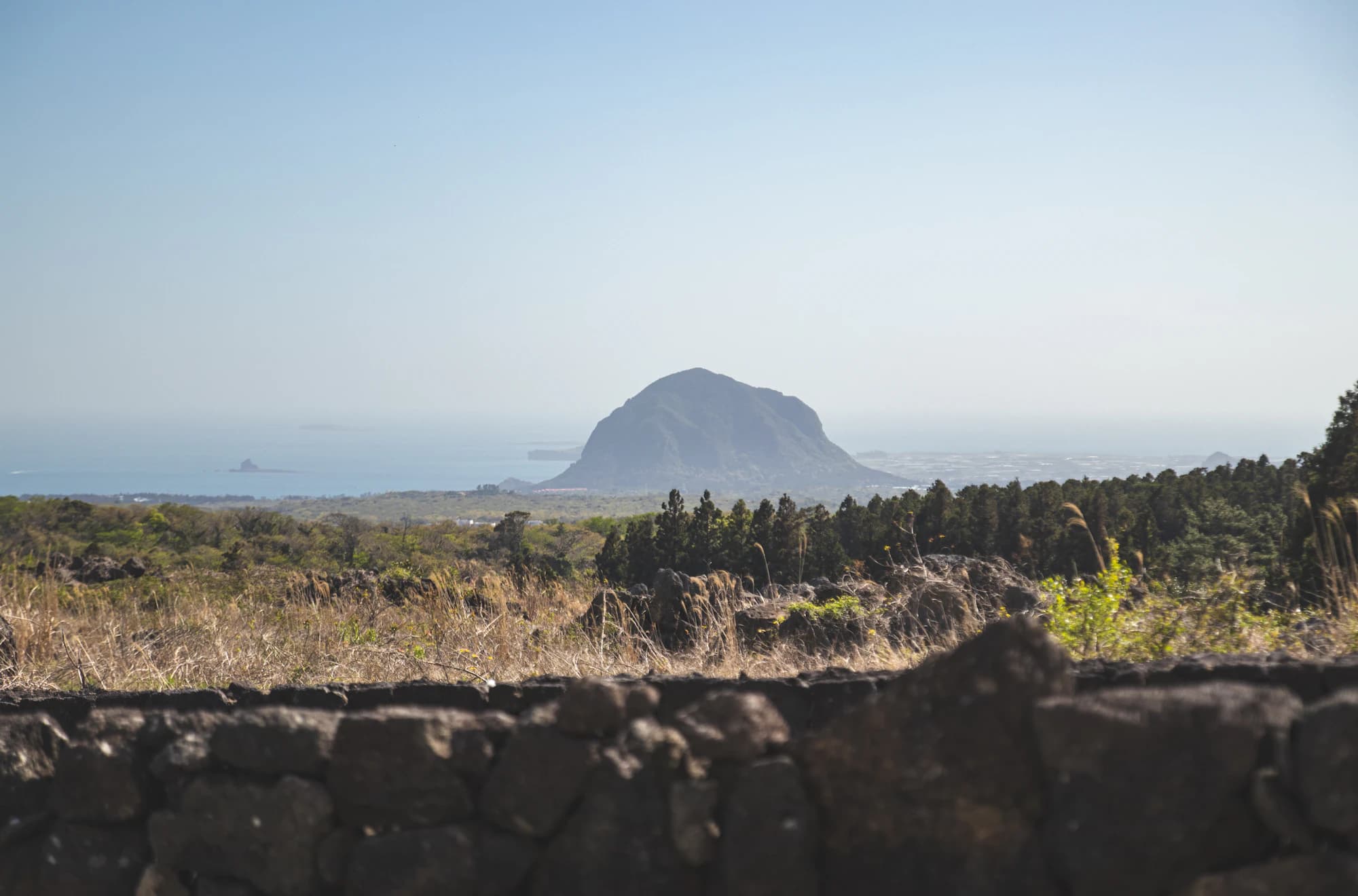Traditional Jeju basalt stone wall with Sanbangsan in the distance