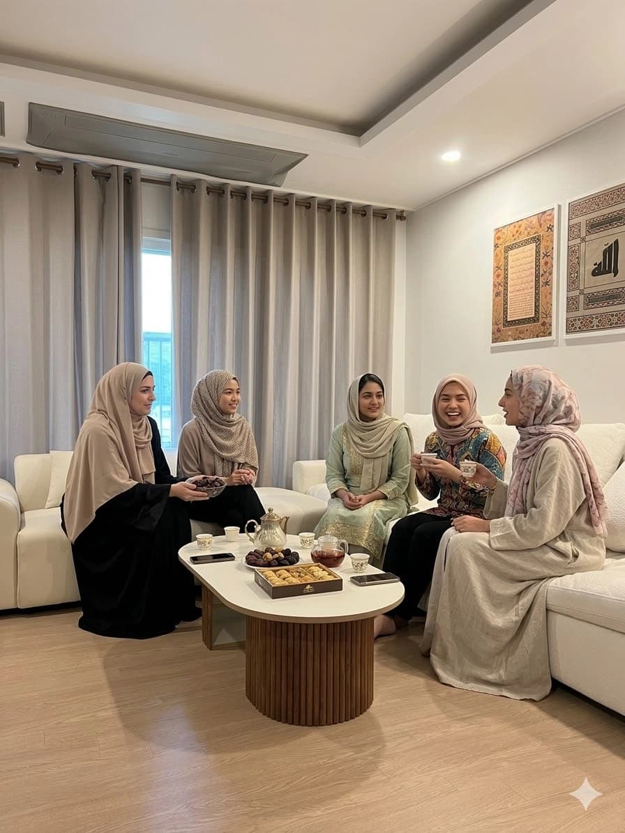 Sisters gathering in the warm retreat villa