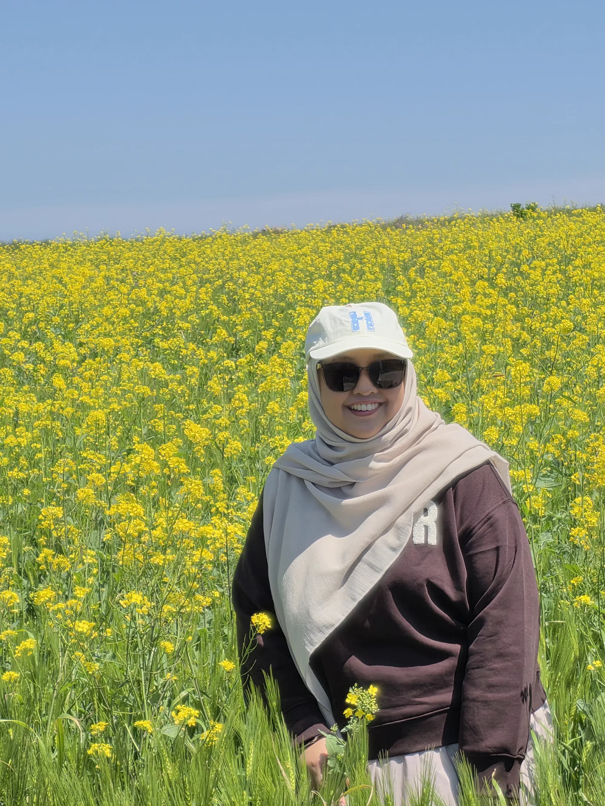 Standing in a yellow Jeju canola flower field