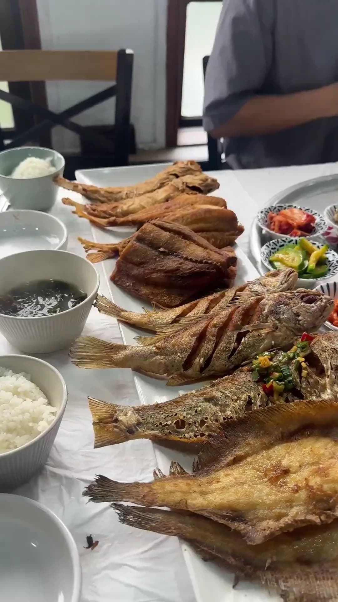 Korean fried chicken laid out for dinner at the villa