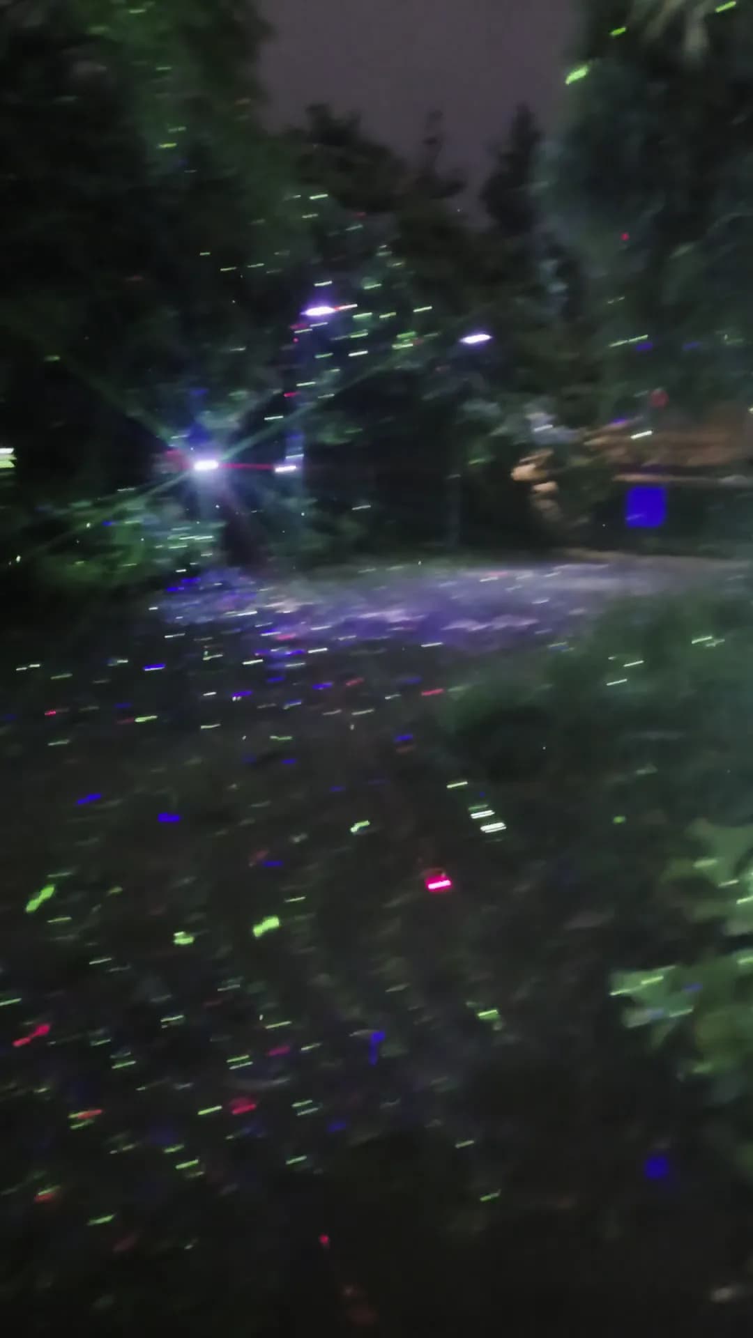 Colorful illuminations reflecting on the wet garden paths at night